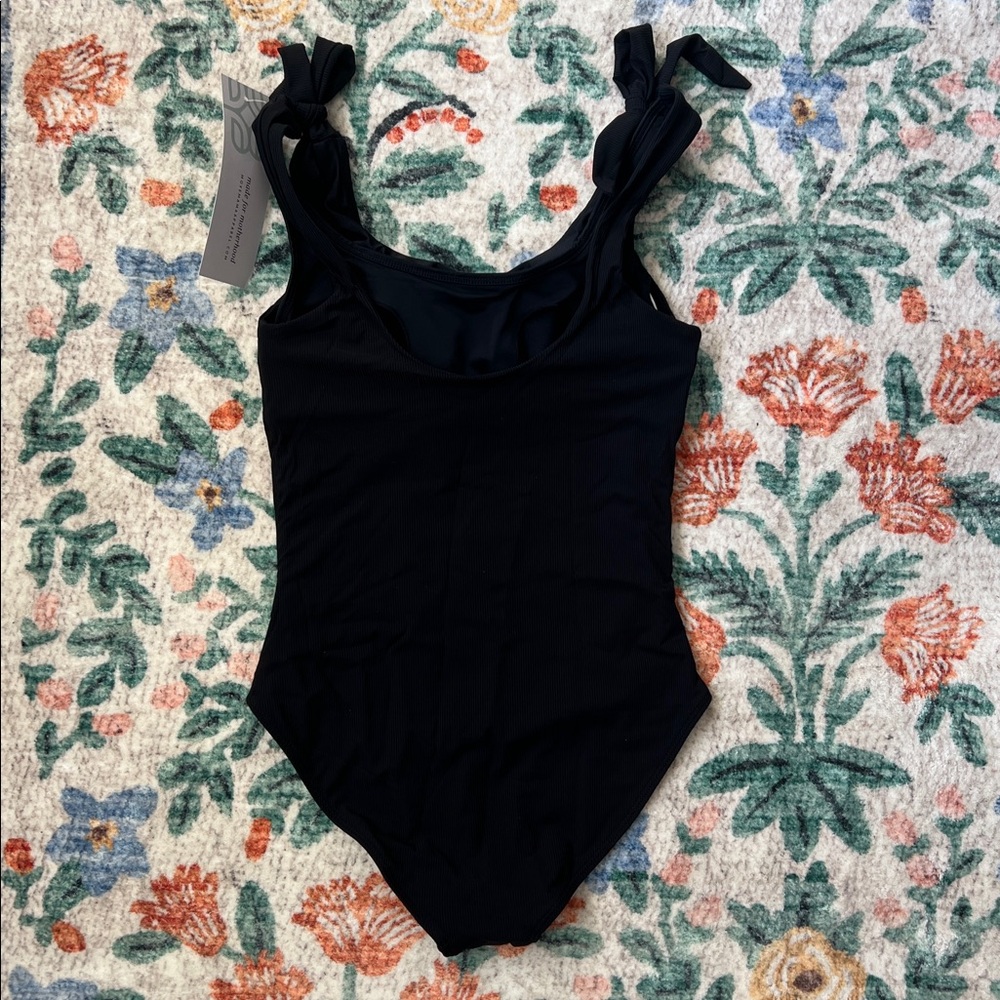 Black Ribbed Tie Strap Nursing Swimsuit Postpartum MoveMama - Picture 5 of 7